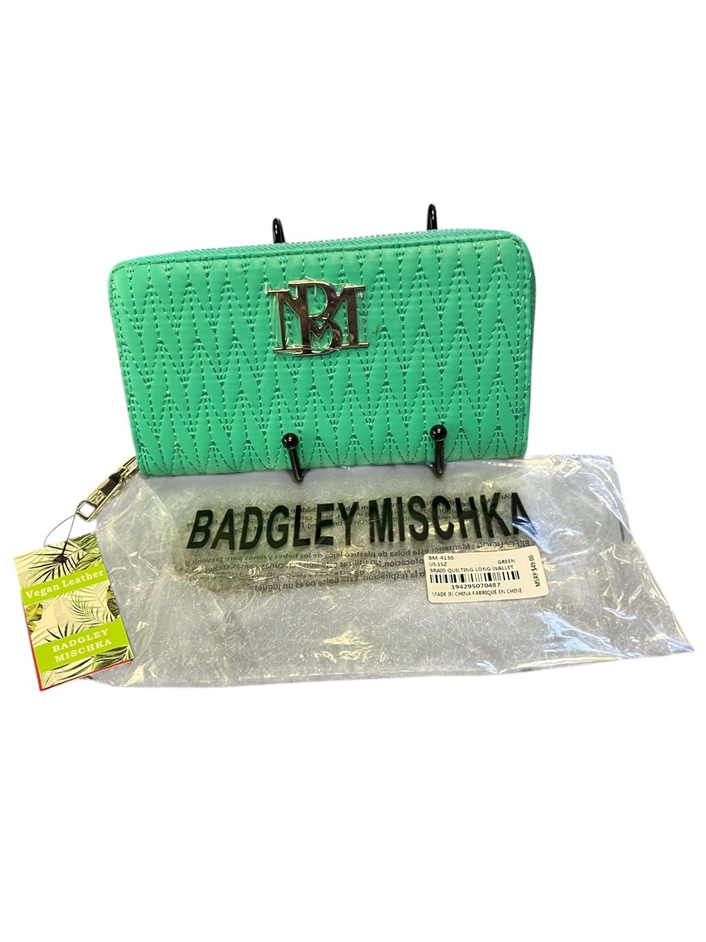 Badgley Mischka Seafoam Quilted Zip-Around Wallet with Logo